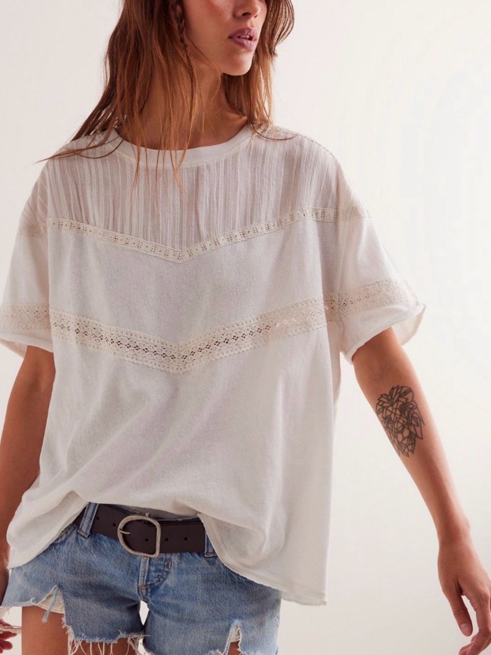 We The Free Cream Crochet-Trim Short Sleeve Tee